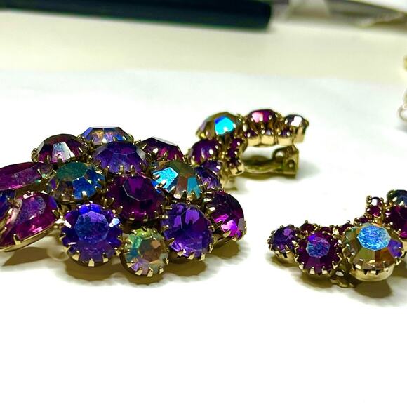 Brooch & Clip Earrings Purple Gold Vtg High End Costume Jewelry S24 - Picture 3 of 8